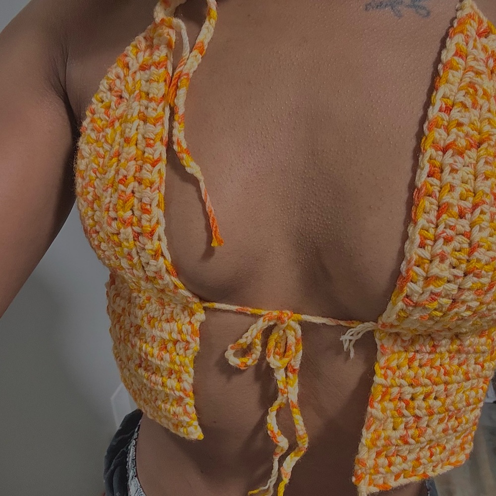Handmade Crochet Halter Top - Orange and Cream